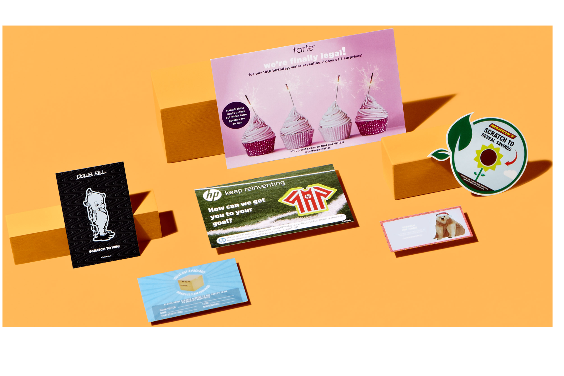 Collection of client logos printed on custom scratch off cards