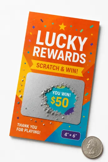 4" × 6" custom scratch-off card shown next to a quarter for scale