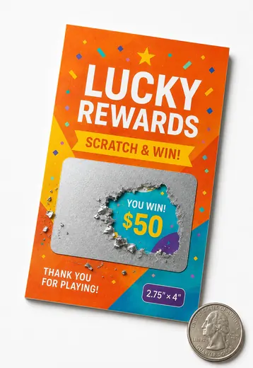 2.75" × 4" custom scratch-off card shown next to a quarter for scale