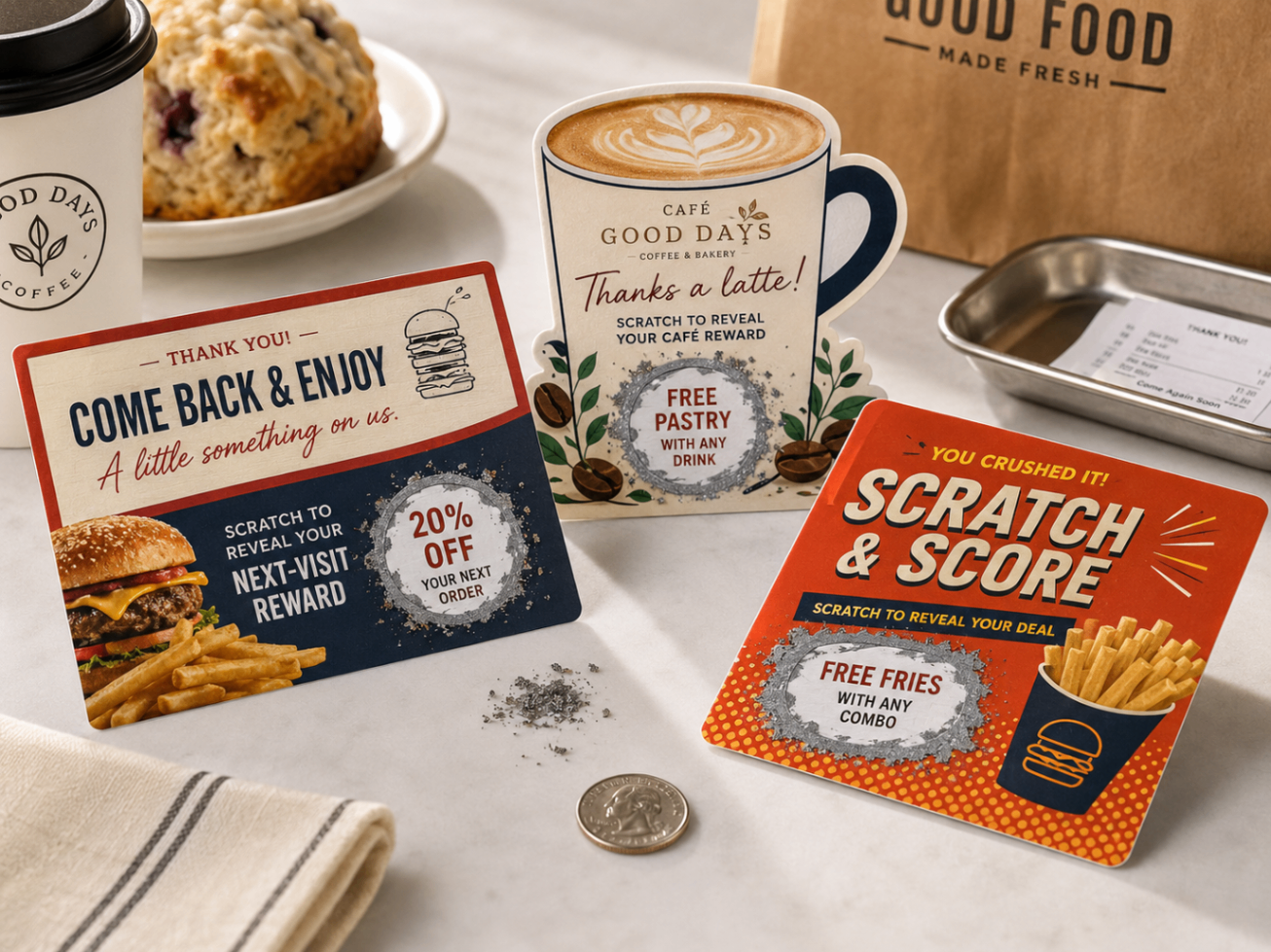 Restaurants, cafés & QSR using custom scratch-off cards