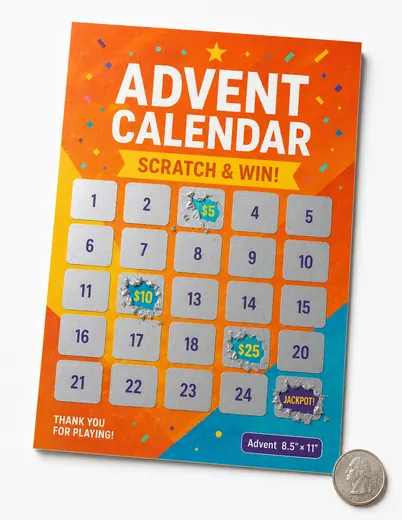 Advent 8.5" × 11" custom scratch-off card shown next to a quarter for scale