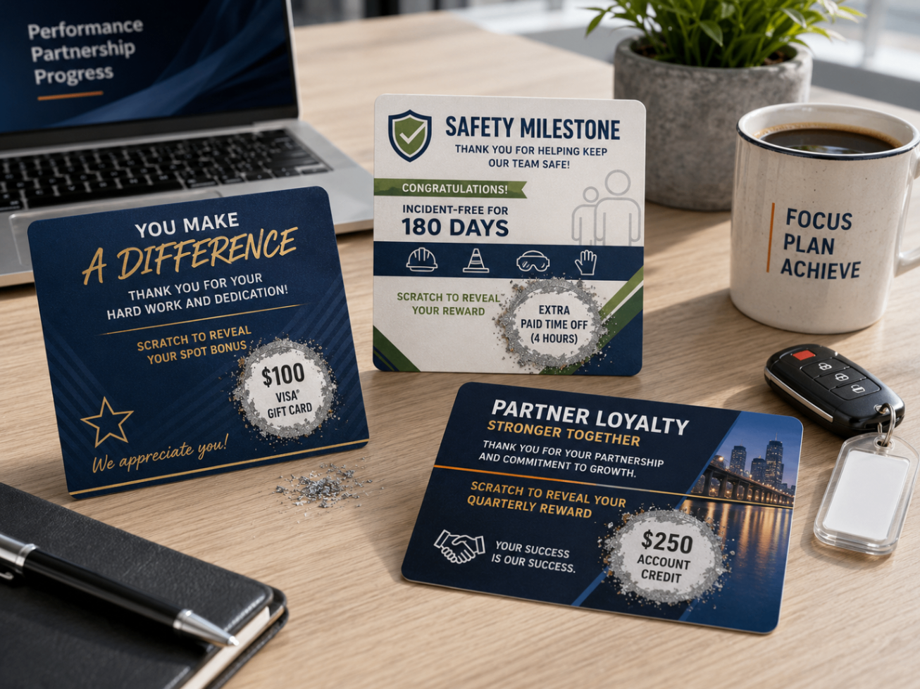 Employee recognition & loyalty programs using custom scratch-off cards