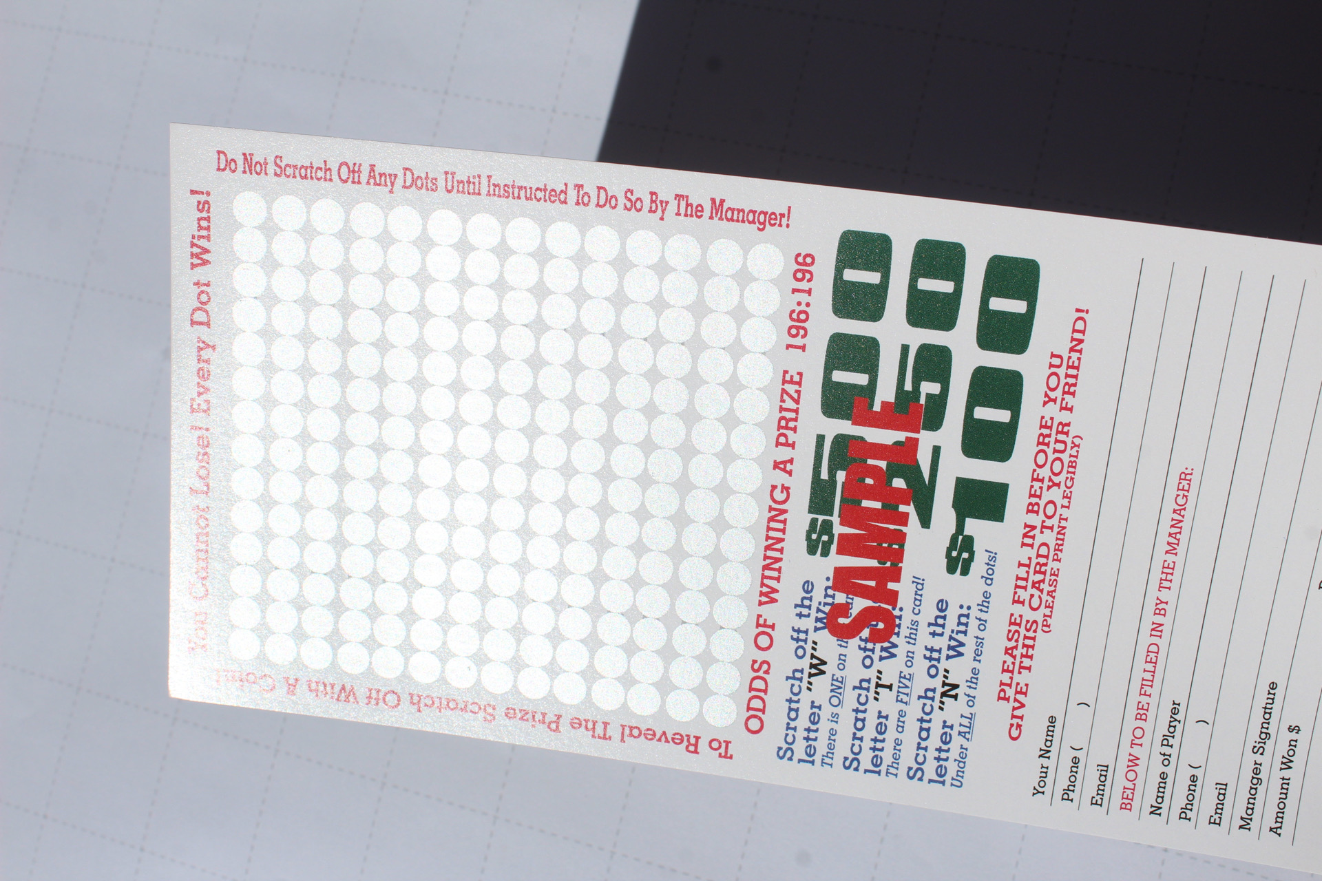 Fitness studio scratch off card promoting a free class