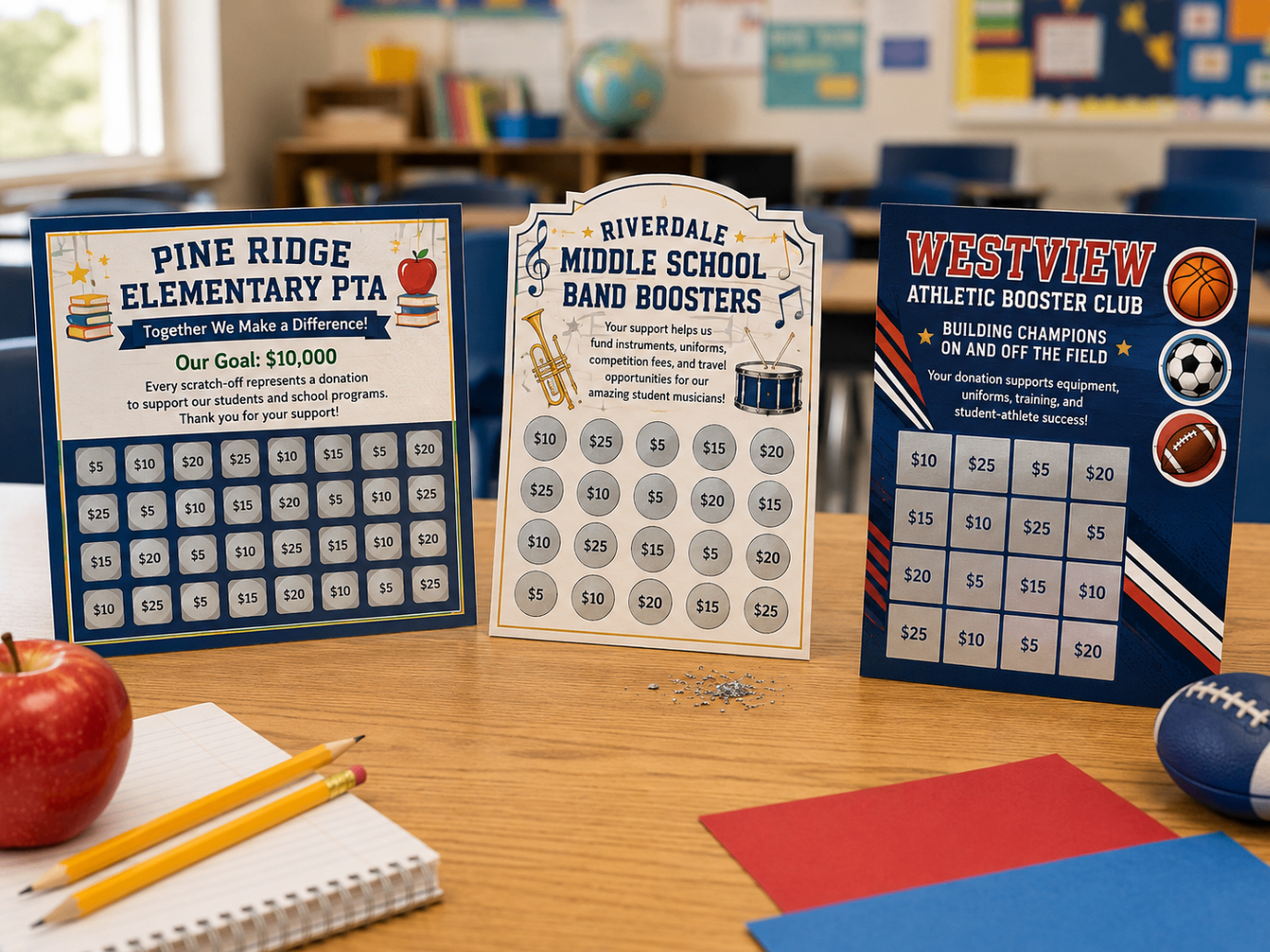 Schools, PTAs & booster clubs using custom scratch-off cards