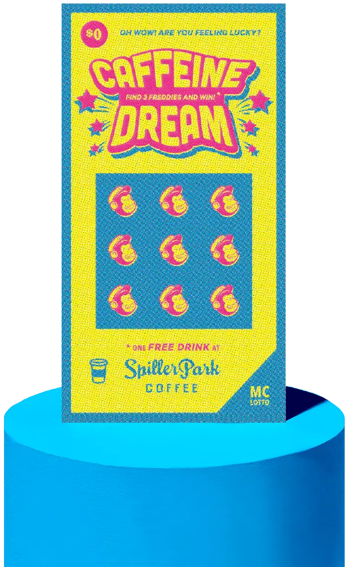 Coffee shop loyalty scratch off card with repeat-visit reward reveals