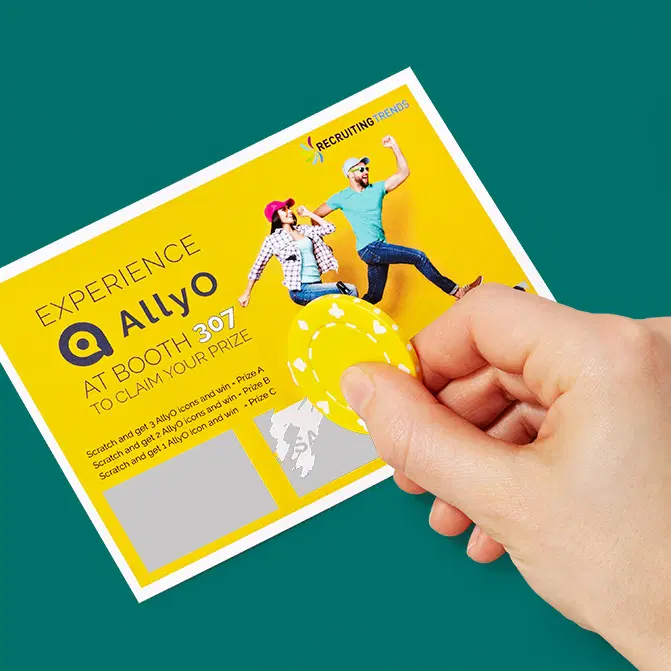AllyO recruiting scratch off card used as a trade show giveaway