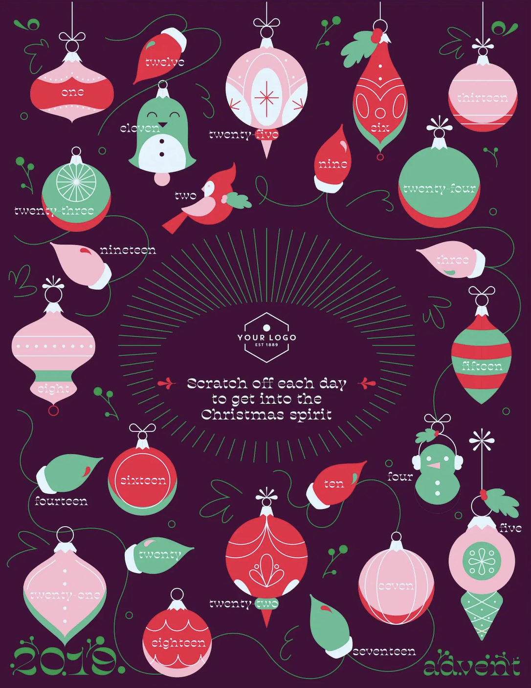 Holiday advent calendar scratch off design with ornament illustrations