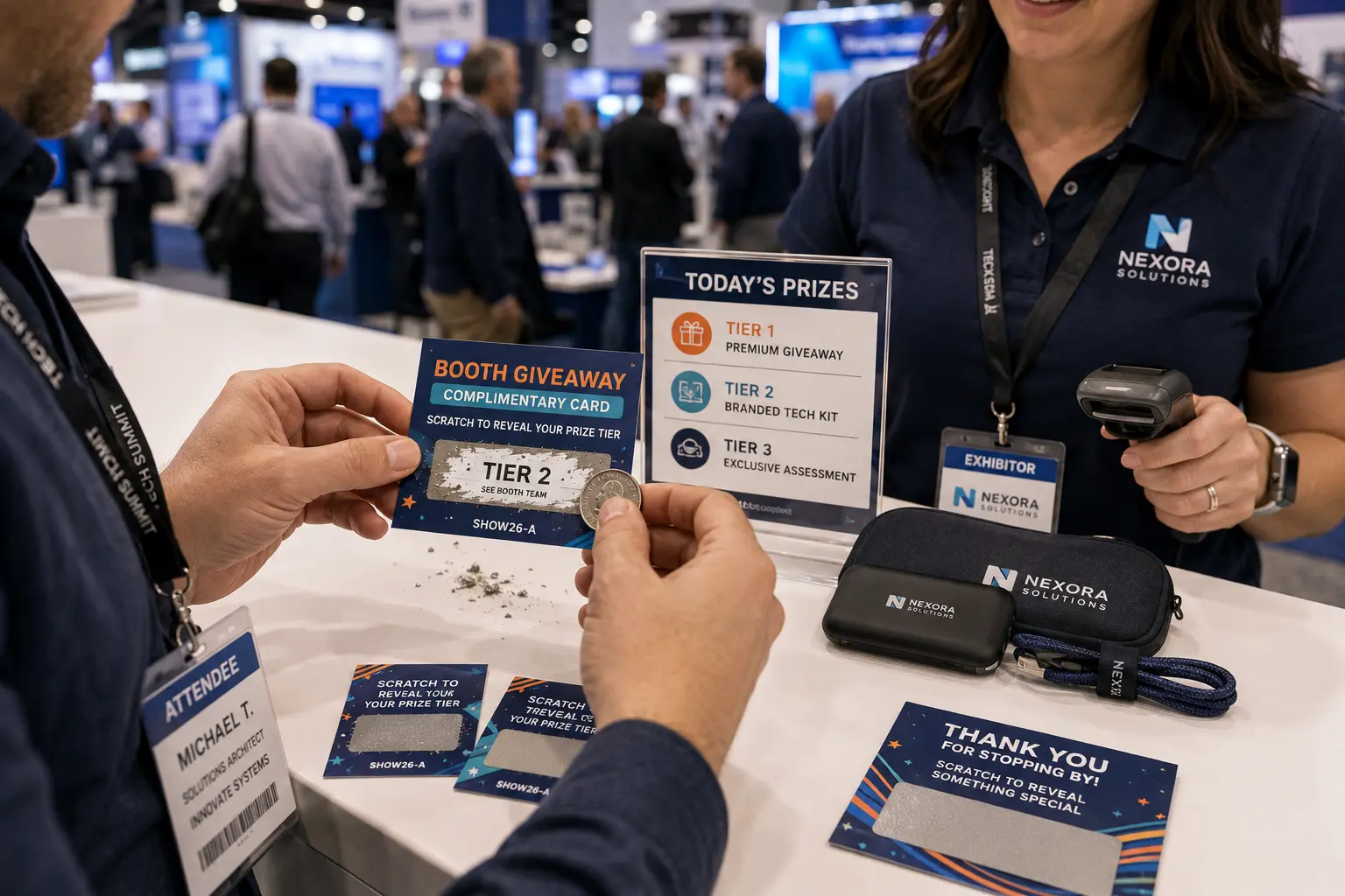 Trade show attendee scratching a booth giveaway card to reveal Tier 2 while an exhibitor scans his badge, with a tiered prize legend sign and extra scratch off cards on the counter.