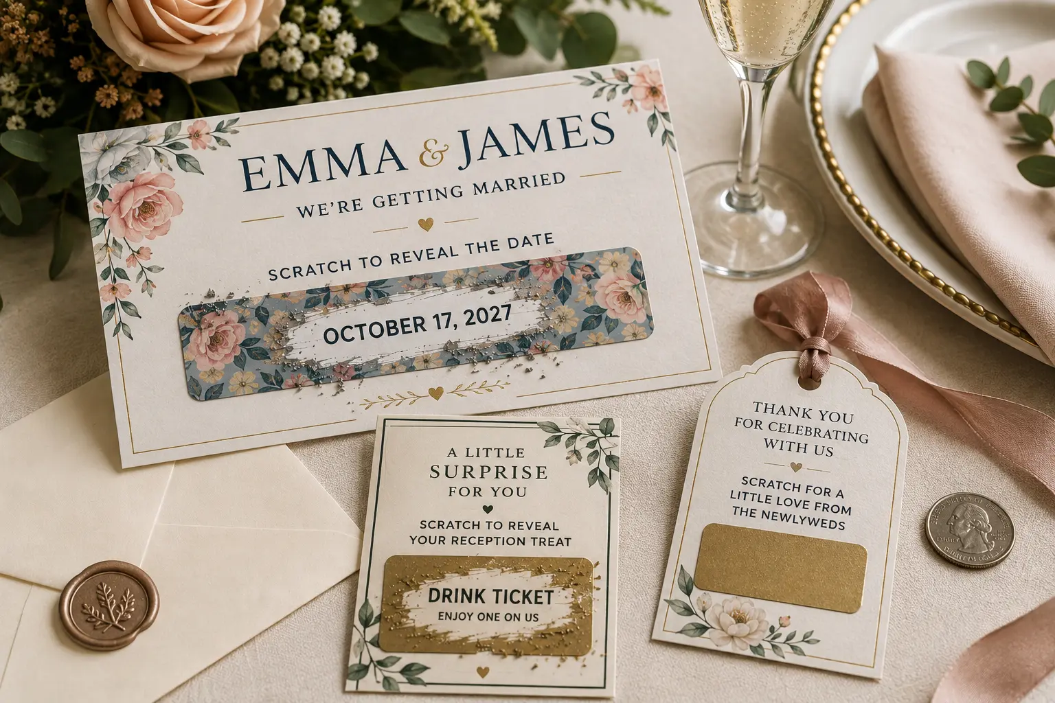 Wedding scratch off save the date revealing the wedding date under a floral full color reveal, shown with a reception drink ticket favor card and a thank you favor tag.