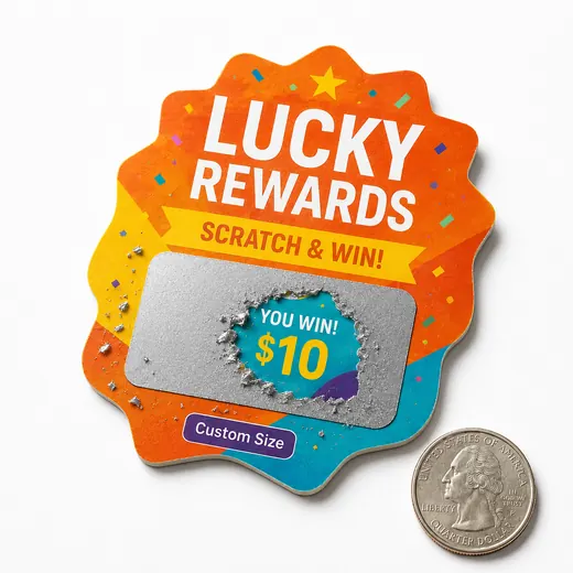 Custom Size custom scratch-off card shown next to a quarter for scale