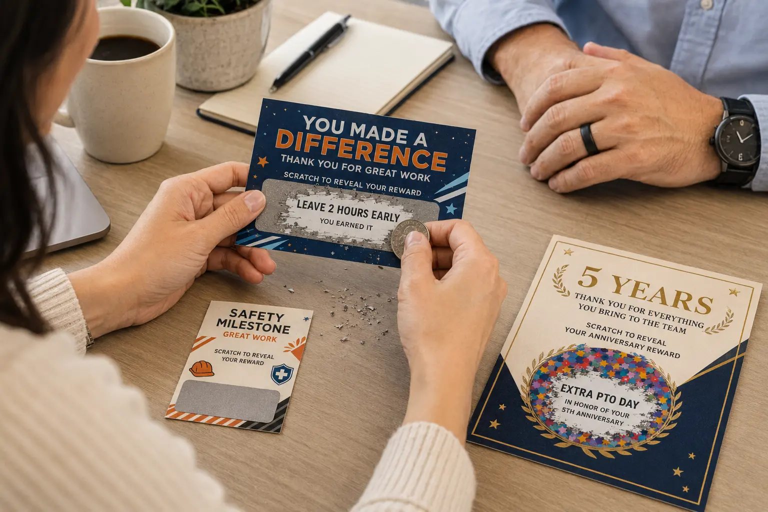 Employee recognition scratch off cards on a desk: a navy You Made a Difference card revealing Leave 2 Hours Early, a safety milestone card, and a gold 5 Years anniversary card with a full color reveal.