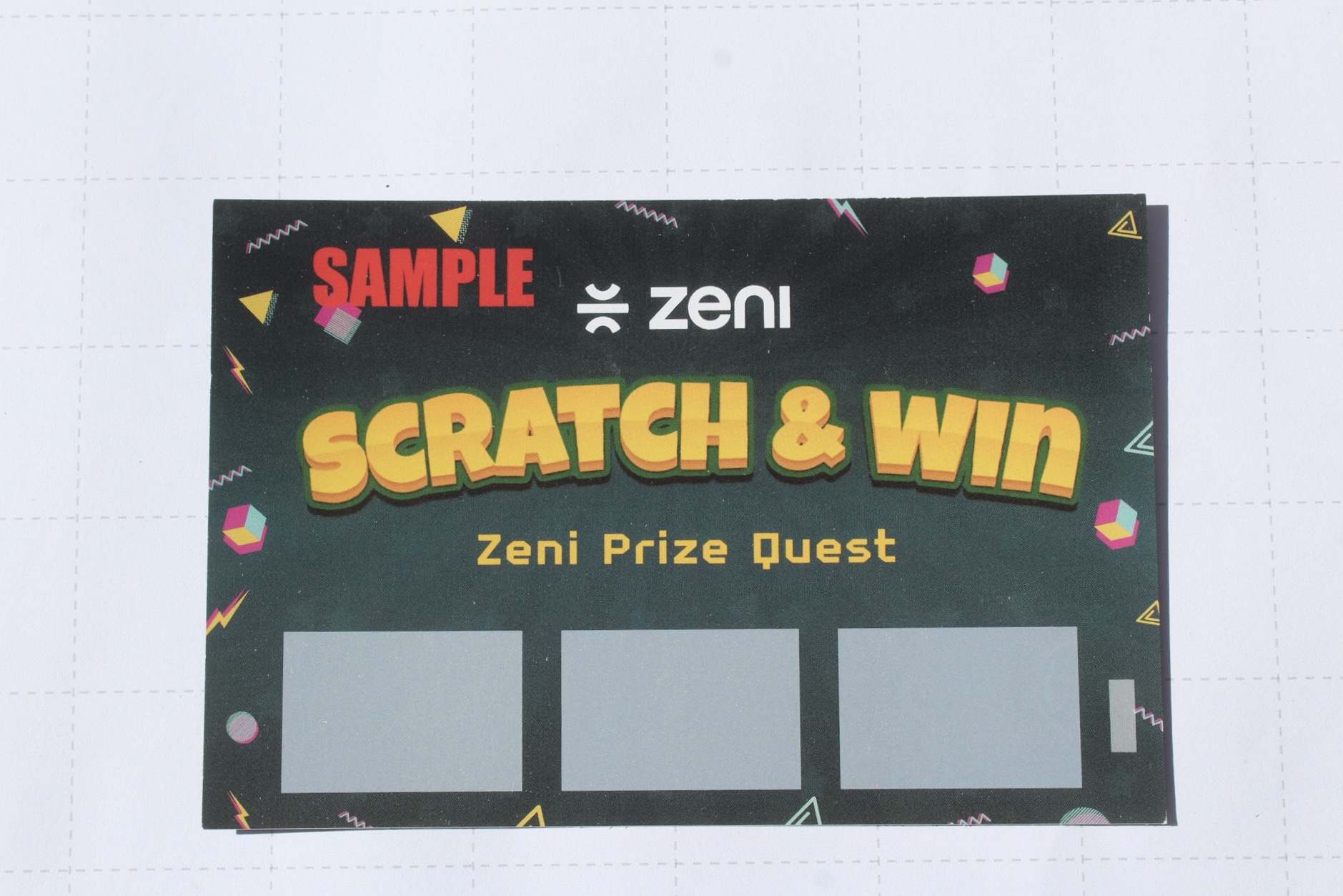 Scratch off business card with a prize code hidden under the panel