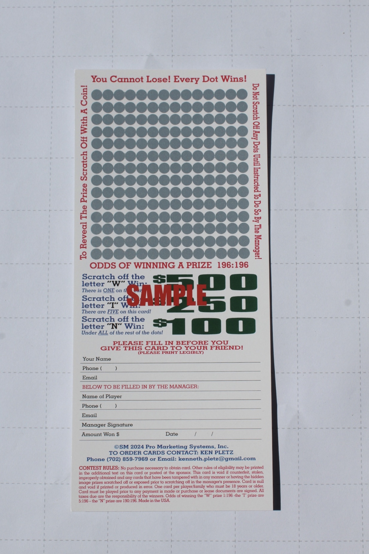 Hotel and resort scratch off card offering a room upgrade