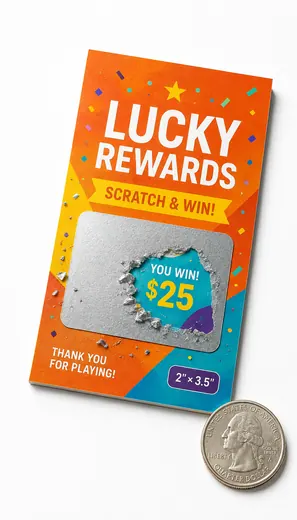 2" × 3.5" custom scratch-off card shown next to a quarter for scale