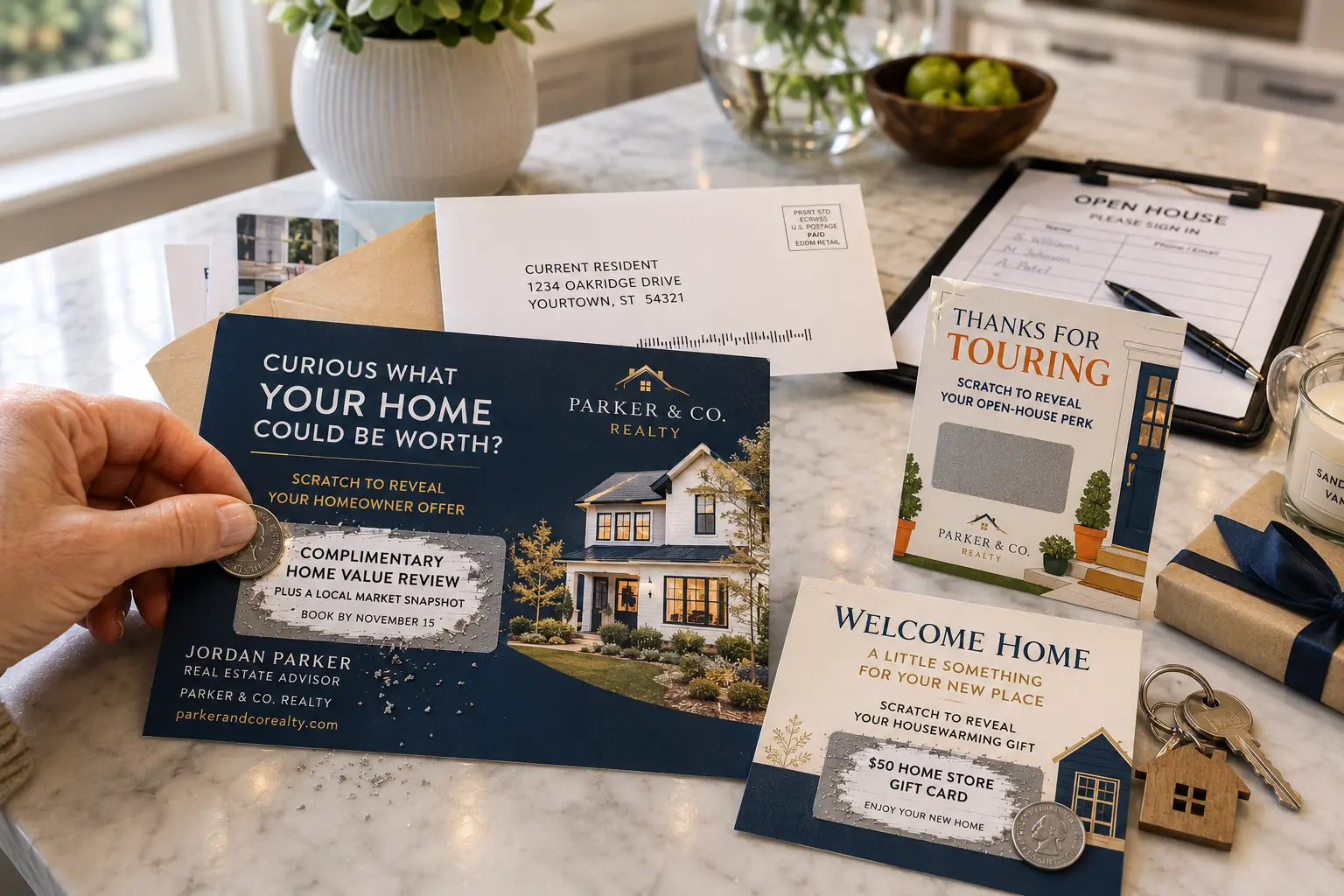 Real estate agent scratch off marketing set on a kitchen counter: a home value mailer revealing a complimentary home value review, an open house thank you card, and a welcome home housewarming card with keys.