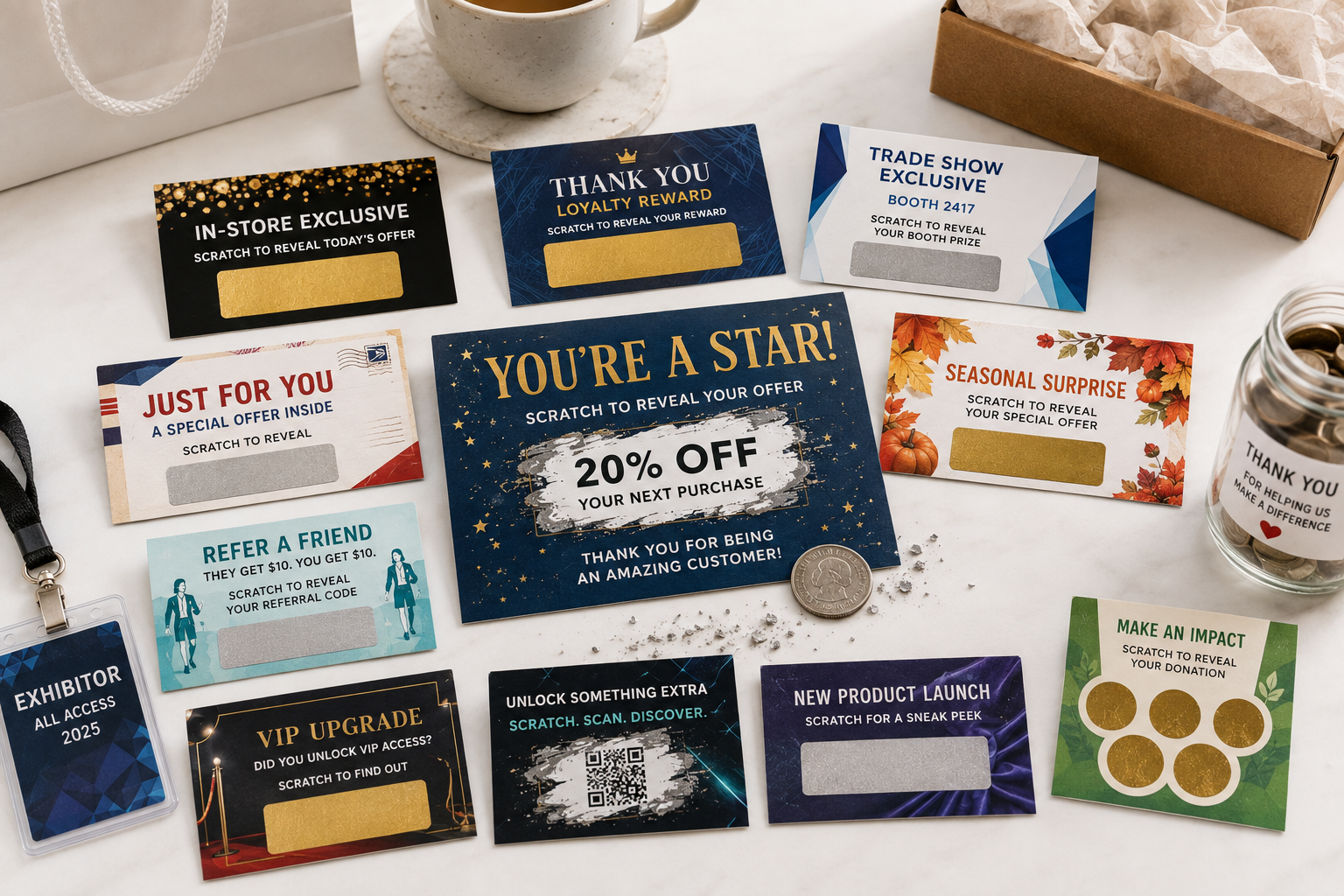 Twelve custom scratch off cards for business promotions, loyalty rewards, trade shows, referrals, product launches and fundraising, laid out on a marble desk with a coin mid scratch