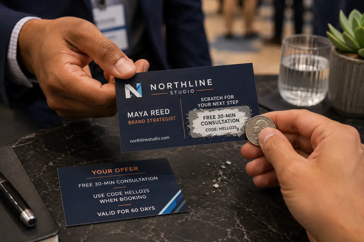 Scratch off business card handed over at a networking event, scratched to reveal a free 30 minute consultation offer code, with the card back showing redemption details.