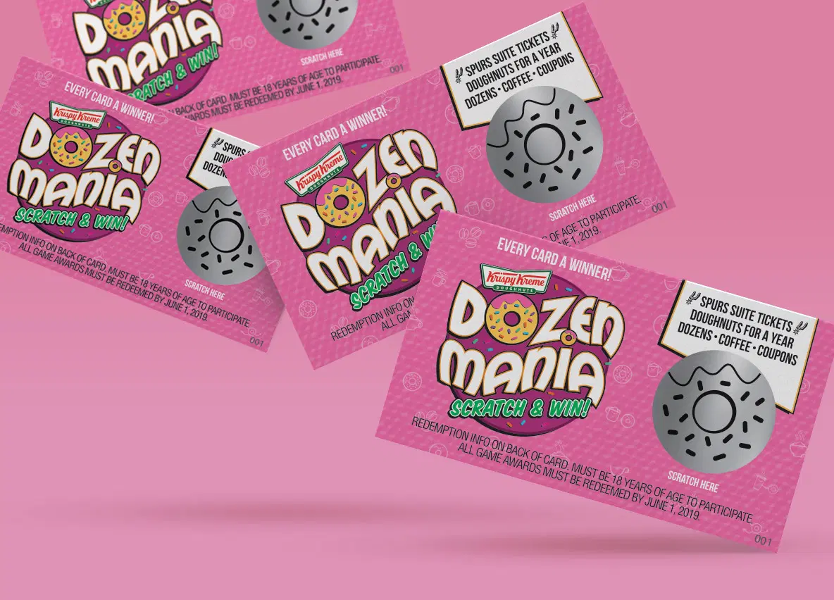 Krispy Kreme branded scratch off card with a doughnut prize reveal