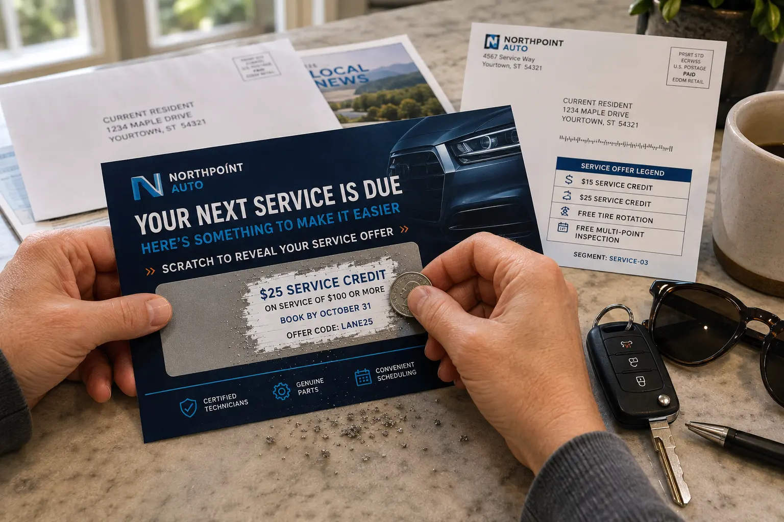 Auto dealership scratch off direct mail piece being scratched to reveal a $25 service credit, shown with an addressed EDDM mailer and service offer legend, car keys and sunglasses on a counter.