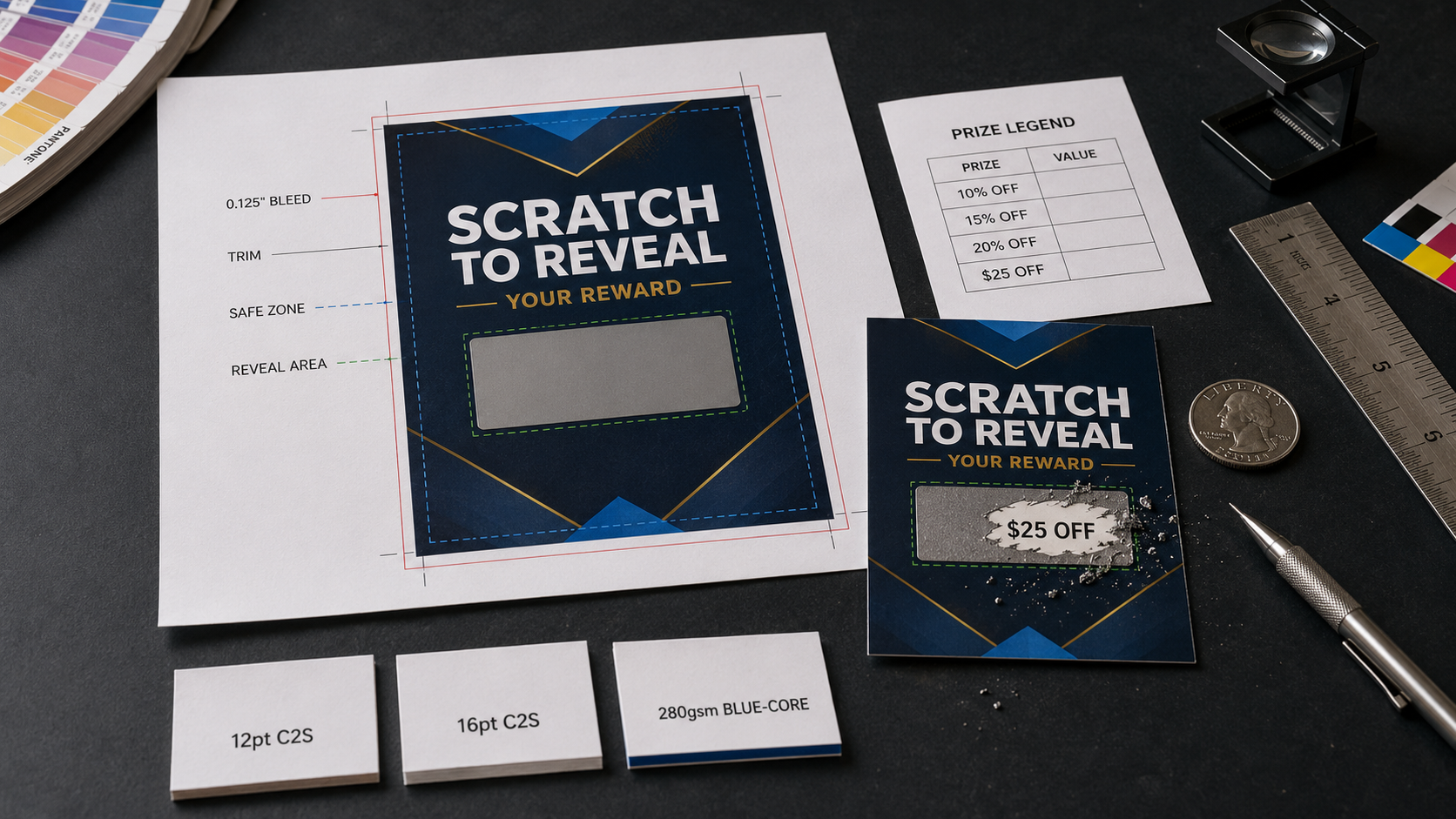 Scratch off card artwork proof marked with 0.125 inch bleed, trim, safe zone, and reveal area, beside a printed card with a scratched $25 off reveal, a prize legend sheet, and 12pt C2S, 16pt C2S, and 280gsm blue-core stock samples.