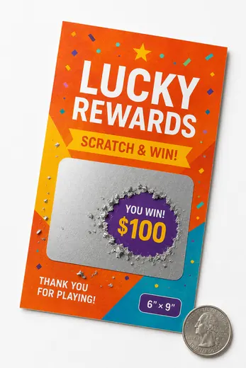 6" × 9" custom scratch-off card shown next to a quarter for scale