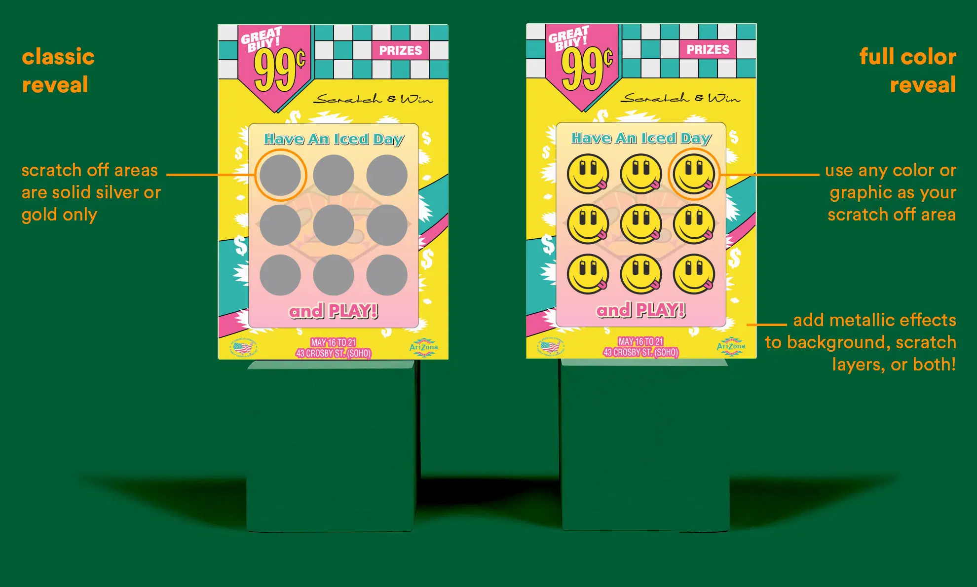 Side-by-side comparison of a classic single-color and a full-color scratch off card