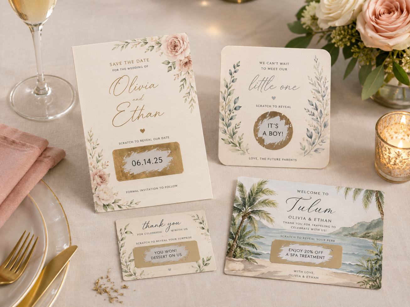 Weddings, showers & private events using custom scratch-off cards