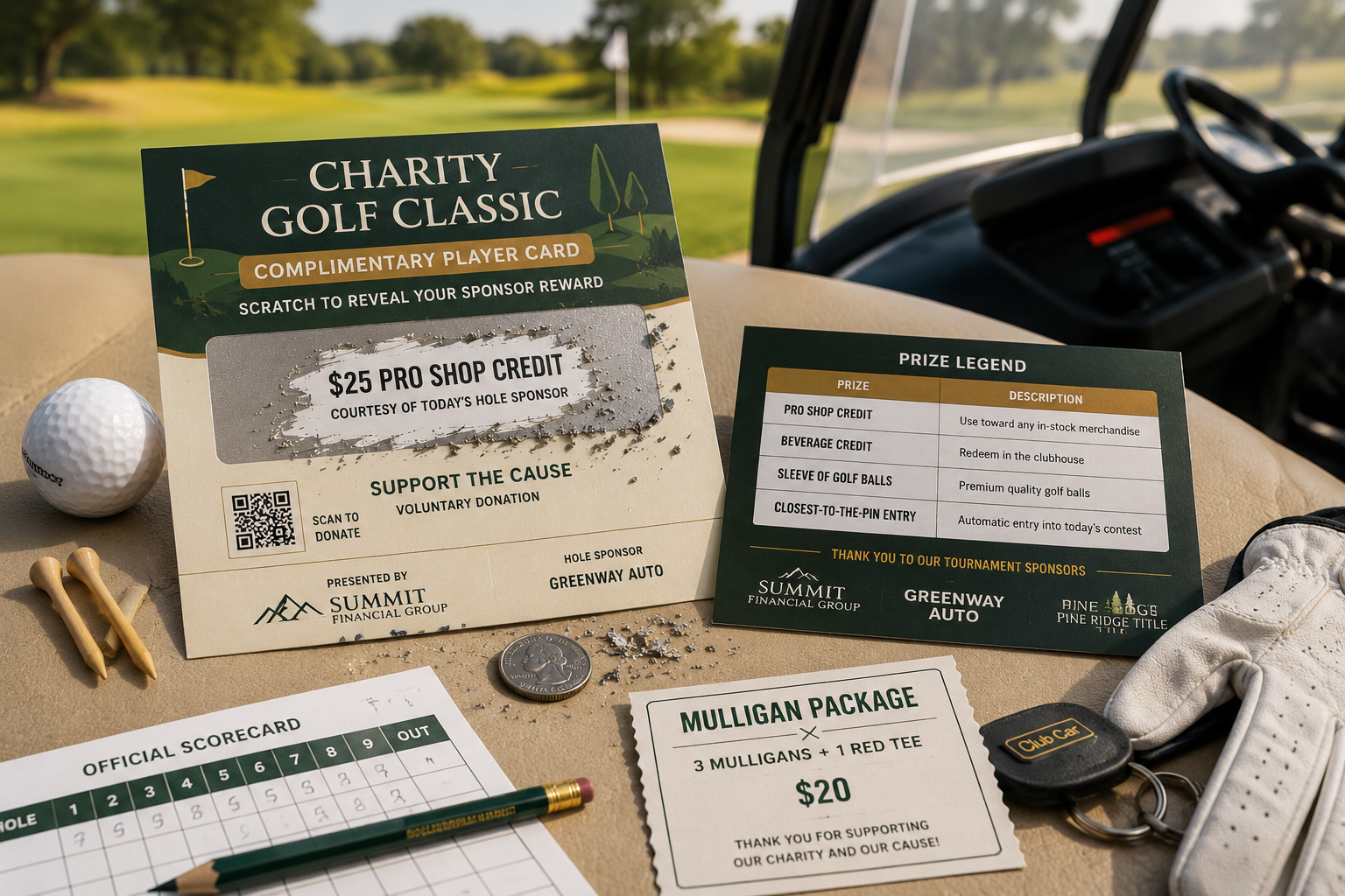 Charity golf classic scratch and donate player card with a scratched $25 pro shop credit reveal, beside a prize legend card, mulligan package ticket, scorecard, golf ball and tees on a golf cart seat.