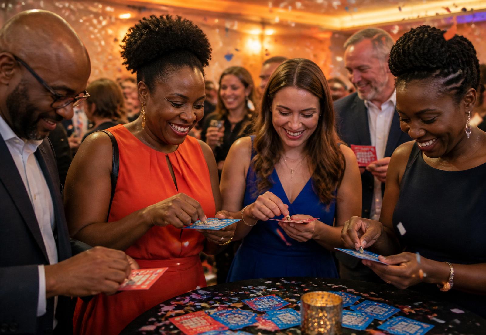 Volunteers using scratch and donate fundraising cards at a community event