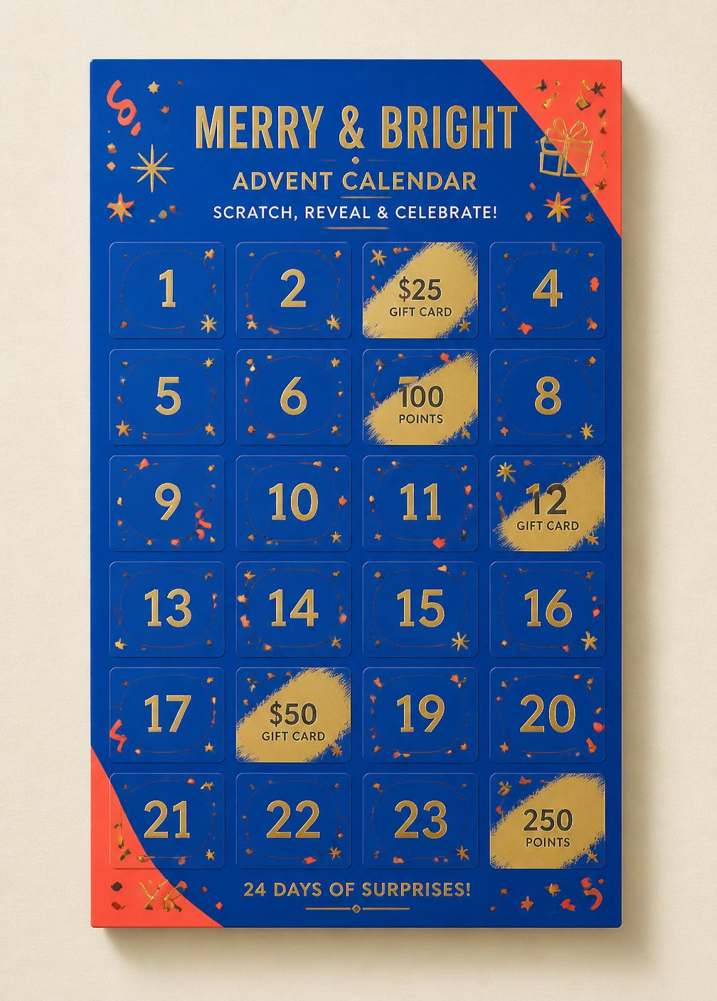 Advent calendar scratch off mockup standing upright on a desk