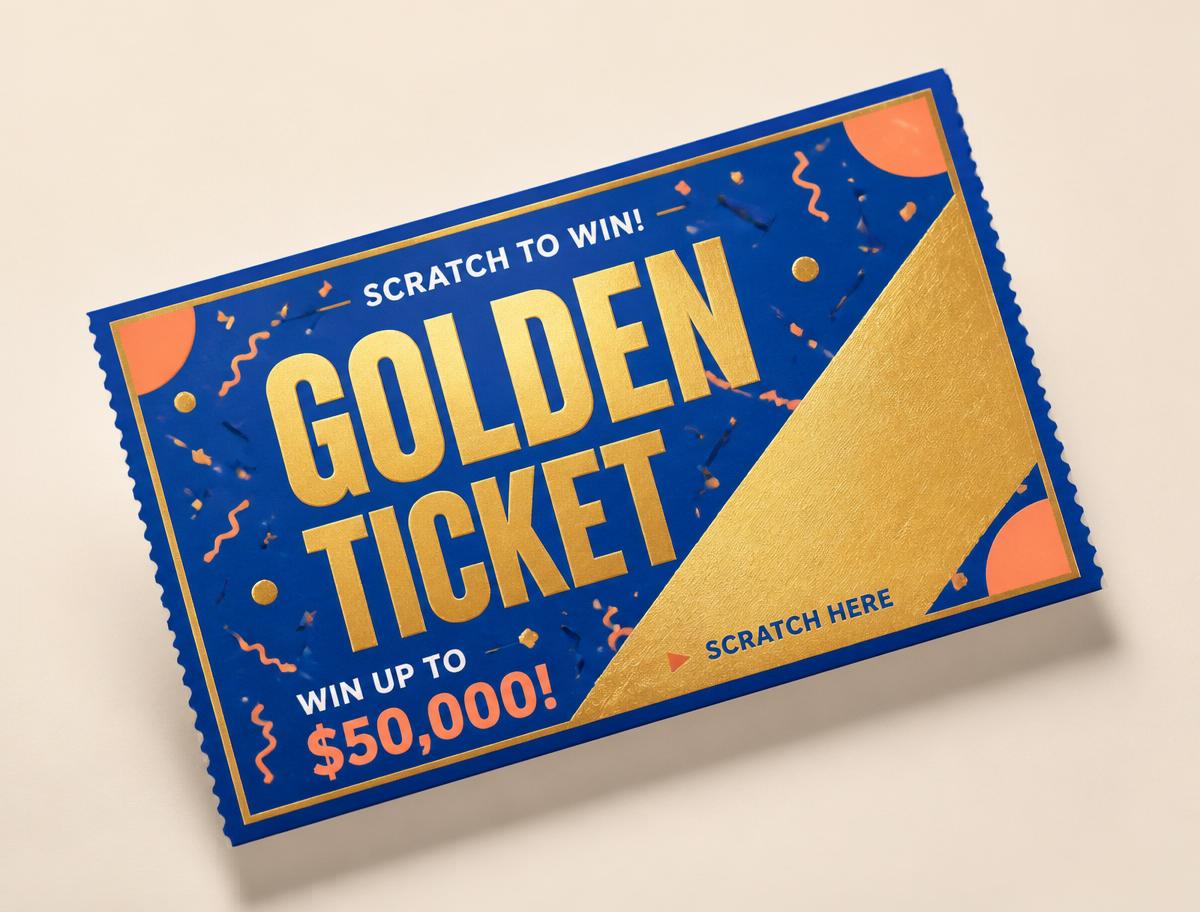 Blue scratch off card mockup with a rounded scratch-off area