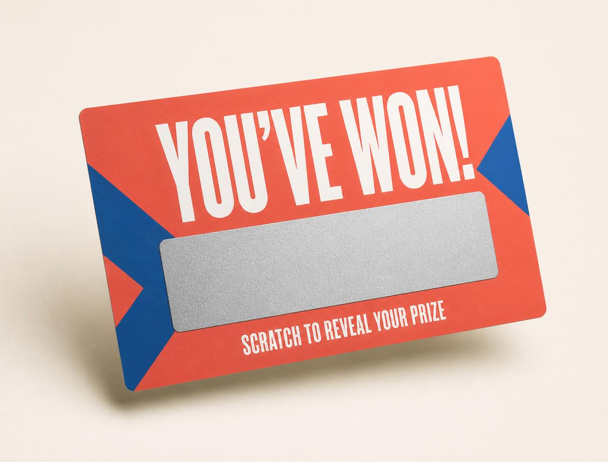 Coral colored scratch off card mockup with a single reveal window