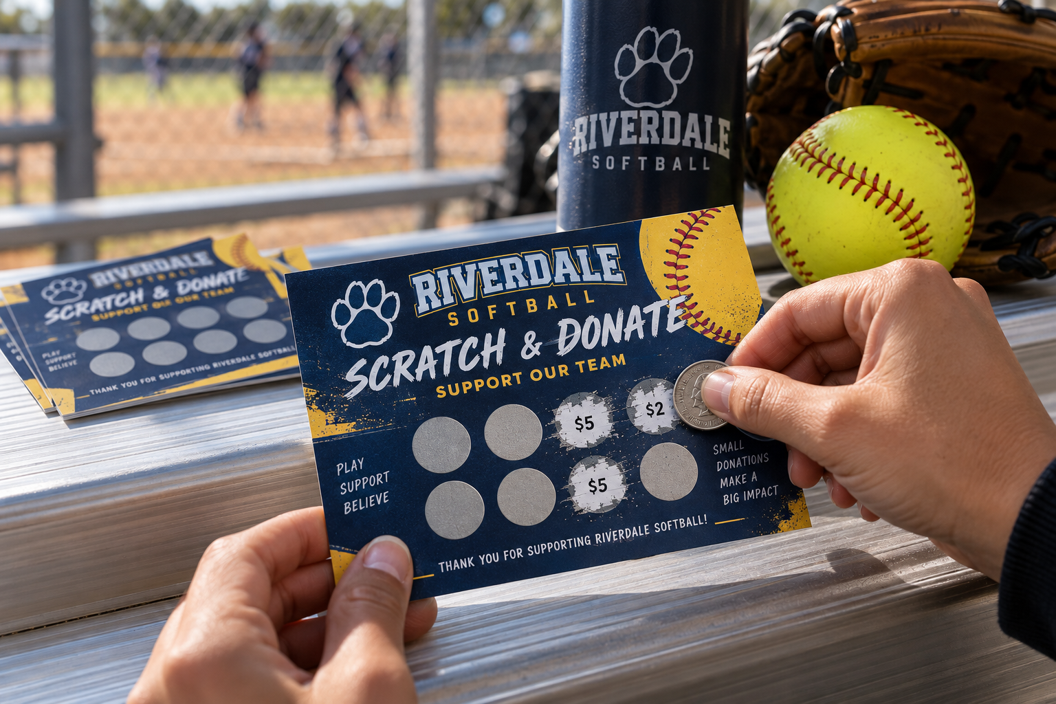 Hands scratching a navy and gold softball team scratch and donate fundraising card with a coin on aluminum bleachers, softball, glove, and extra cards nearby